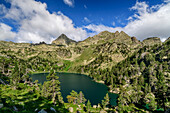Deep view of Estany de Gerber lake, Valle Gerber, Aigüestortes i Estany de Sant Maurici National Park, Pyrenees, Catalonia, Spain