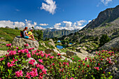 Mann und Frau beim Wandern machen Pause, Almrosen im Vordergrund, Valle Gerber, Nationalpark Aigüestortes i Estany de Sant Maurici, Pyrenäen, Katalonien, Spanien