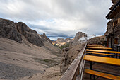 View of the valley from the Grasleitenpasshütte, Rifugio Passo Principe, Dolomites, Catinaccio, South Tyrol, Italy