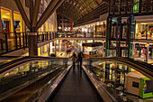 Escalator in the shopping arcade &quot;Goethe Galerie&quot; at night, closing time, Jena, Thuringia, Germany