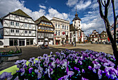 Flower arrangements, half-timbered houses and the Church of St. Nikolai on the market square, Höxter, Weser Uplands, North Rhine-Westphalia, Germany