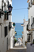 Altea, view from the Kirchberg, through the old town streets to the sea, Costa Blanca, Spain