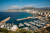 Calpe, view from Penon de Ifach on port, town with Morro de Toix in background, Costa Blanca Spain