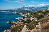 Costa Blanca, Calpe, view from the Morro de Toix, on the bay of Mascarat and the Aitana massif 1580 mtr. highest mountains of the Costa Blanca