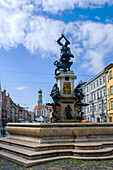 Augsburg, Herkulesbrunnen mit Kathedrale St. Afra, romantische Straße, Bayern, Deutschland