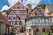 Half-timbered houses and Romschlössle in Creglingen, Romantic Road, Taubertal, Baden-Württemberg, Germany