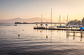 Evening mood at the boat harbor in Gstadt am Chiemsee, Upper Bavaria, Bavaria, Germany