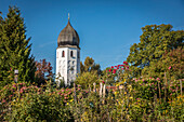 Monastery garden and Frauenwörth Abbey on the Fraueninsel in Lake Chiemsee, Upper Bavaria, Bavaria, Germany