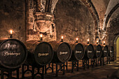 Old barrels in the wine cellar of the Cistercian monastery in Eberbach near Kiedrich, Rheingau, Hesse, Germany