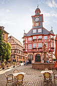 Old Town Hall and Marienbrunnen on the market square of Heppenheim , Southern Hesse, Hesse, Germany
