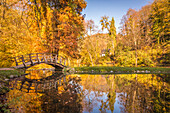 Romantic bridge and pond in the Fürstenlager State Park, Bensheim , Southern Hesse, Hesse, Germany