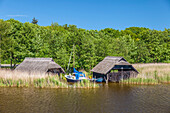Boathouses in the Boddenhafen of Prerow, Mecklenburg-Western Pomerania, Baltic Sea, Northern Germany, Germany
