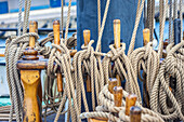 Ropes on the sailing ship Fridtjof Nansen (1919) in the port of Wismar, Mecklenburg-Western Pomerania, Baltic Sea, Northern Germany, Germany
