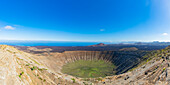 Panorama from the crater rim into the crater of Caldera Blanca, Parque Natural de los Volcanes, Lanzarote, Canary Islands, Spain, Europe