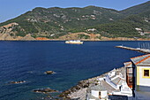 Dome of Ieros Naos (Holy Temple) at the port entrance of Skopelos town, Skopelos island, Northern Sporades, Greece