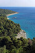 Blick auf Milia Strand an der Südküste der Insel Skopelos, Nördliche Sporaden, Griechenland