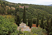 Chapel of the monastery of Agios Prodormos on Mount Palouki, in the background the monastery of Agios Varvara, Skopelos island, Northern Sporades, Greece