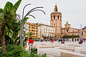 Valencia, Plaza de la Reina, with a large cathedral, new, after renovation in 2021, Spain