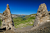 Two rock towers in the Cirque de Troumouse, Gavarnie, Pyrenees National Park, UNESCO World Heritage Site Monte Perdido, Pyrenees, France