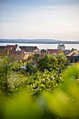 View from the Fürstenhäusel on the New Castle of Meersburg and the Old Castle, Bodenseekreis, Lake Constance, Baden-Wuerttemberg, Germany, Europe