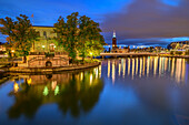View of illuminated Strömsborg and City Hall, Stadshus, from Stockholm, Stockholms Iän, Sweden