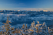 Blick vom Aussichtsturm Kulmspitz auf Salzkammergutberge und Berchtesgadener Alpen, Kulmspitze, Mondsee, Salzkammergut, Salzkammergutberge, Salzburg, Österreich