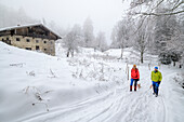 Man and woman pulling sledges to Hohe Asten, farmhouse in background, Hohe Asten, Bavarian Alps, Upper Bavaria, Bavaria, Germany