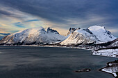 Wintry fjord landscapes on the island of Senja, Norway.