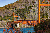 The imposing Puente General Carrera on the lake of the same name on the spectacular scenic Carretera Austral road in the Andes of Chile, Patagonia, South America