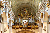 Church organ of the baroque parish church Mariahilfer Kirche in Vienna, Austria, Europe