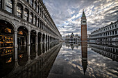 Italy, Veneto, Venice, St. Mark&#39;s Square, Piazza San Marco, Aqua Alta, St. Mark&#39;s Basilica, morning mood, flooding