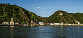 View of the old town of St. Goarshausen am Rhein and Katz Castle, Upper Middle Rhine Valley, Rhineland-Palatinate, Germany