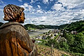 Statue of Saint Goar below Rheinfels Castle overlooking the Rhine Valley at St. Goar and St. Goarshausen, Upper Middle Rhine Valley, Rhineland-Palatinate, Germany