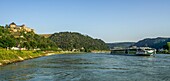 Blick über den Rhein auf Burg Rheinfels, St. Goar, Oberes Mittelrheintal, Rheinland-Pfalz, Deutschland