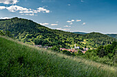 View across a meadow to Lautenbach, Gernsbach, Black Forest, Baden-Württemberg, Germany
