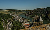 View from the viewing platform of the Schönburg gate tower, Oberwesel, Upper Middle Rhine Valley, Rhineland-Palatinate, Germany