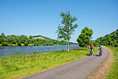 Saar Valley Cycle Path with the Ayler Kupp vineyard in the Saar Valley near Saarburg an der Saar, Rhineland-Palatinate, Germany