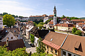 Old town of Český Krumlov with Cloak Bridge, castle and chateau, small castle with castle tower and St. Vitus Church in South Bohemia in the Czech Republic
