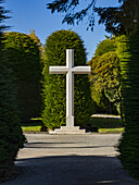 Ein markantes Kreuz vor grünen Thuja-Pflanzen und Bäumen, Friedhof Sara Braun, Punta Arenas, Chile, Patagonien