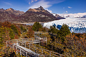 Angelegte Stege und Wanderwege am Perito Moreno Gletscher bei herbstlichen Farben und Sonne mit Bergpanorama im Hintergrund, Argentinien, Patagonien, Südamerika
