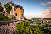 Blick auf das Rokokoschloss im Schlosspark der Dornburger Schlösser bei Jena, Dornburg-Camburg, Thüringen, Deutschland