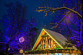 Verschneiter Weihnachtsmarkt bei Nacht, Freiburg im Breisgau, Schwarzwald, Baden-Württemberg, Deutschland