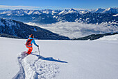 Frau bei Tiefschneeabfahrt vom Wiedersberger Horn, Tuxer Alpen im Hintergrund, Kitzbüheler Alpen, Tirol, Österreich