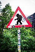 Road sign with Troll in Andaslnaes, Trollveggen, Andalsnaes, Möre and Romsdal, Norway