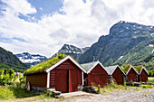 Red boat shed in Oeye , Hotel Union Oeye, Norangsdalen, Koeniginnenroute, Moere and Romsdal, Norway