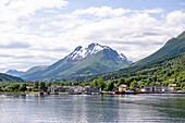 View of Saeboe, Oersta municipality, Saeboe-Urke ferry, Hjoerundfjord, Sunnmoere, Norway