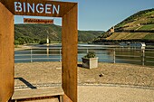 Blick durch einen Rahmen über den Rhein zum Mäuseturm und zur Burgruine Ehrenfels, bei Bingen, Oberes Mittelrheintal, Hessen und Rheinland-Pfalz, Deutschland