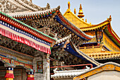 Ornamente und Figuren am Dach und der Fassade des tibetanischen Kloster Kumbum Champa Ling, Xining, China