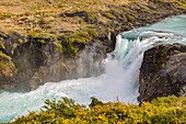 Der tosende Wasserfall Salto Grande im Paine River am Lago Pehoe, Torres del Paine Nationalpark, Chile, Patagonien, Südamerika