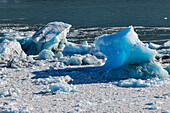 Verschieden geformte Eisblöcke und blau schimmernde Eisberge im Lago Argentino an der Abbruchkante vom Gletscher Perito Moreno, Argentinien, Patagonien